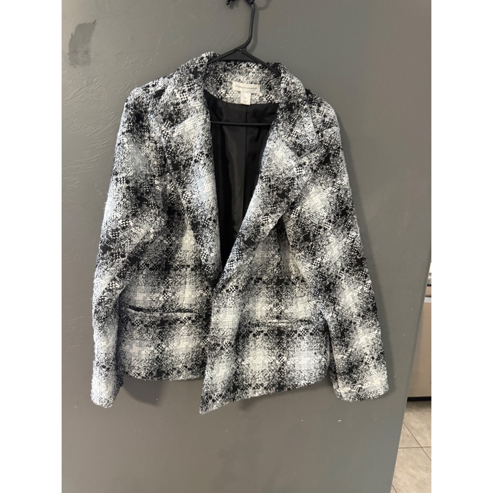 Christopher & Banks Womens XL Plaid Tweed Blazer Black White Grey Hook Closure